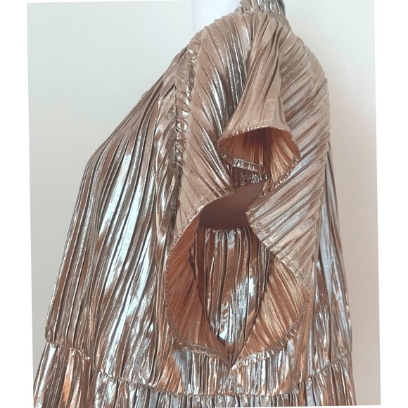 THML gold pleated holiday Christmas party women's shirt metallic shimmer top NEW - Picture 8 of 16